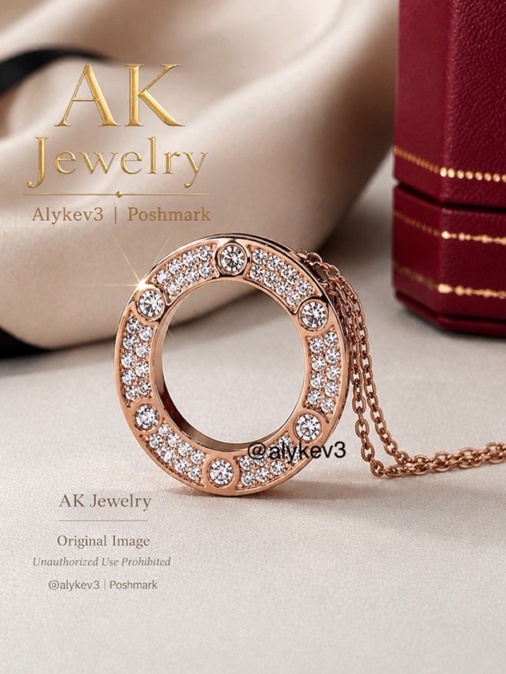 💎LUXURY Necklace 18k ROSE Round Screw Pave Stones Gold Plated, 18” Chain Circle